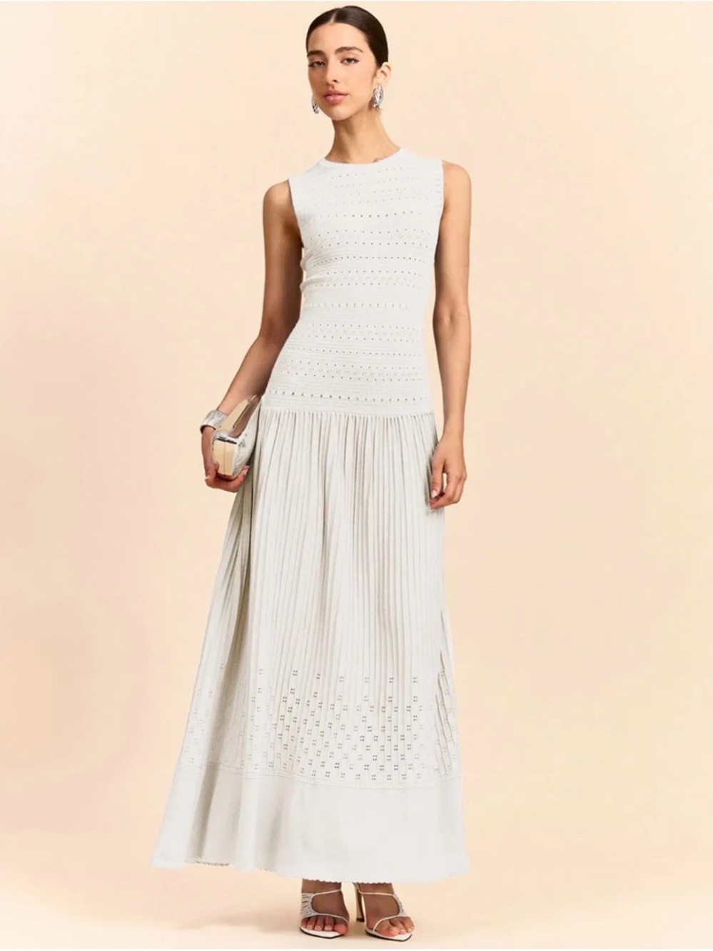 Commense White Sleeveless Eyelet Knit Maxi Dress